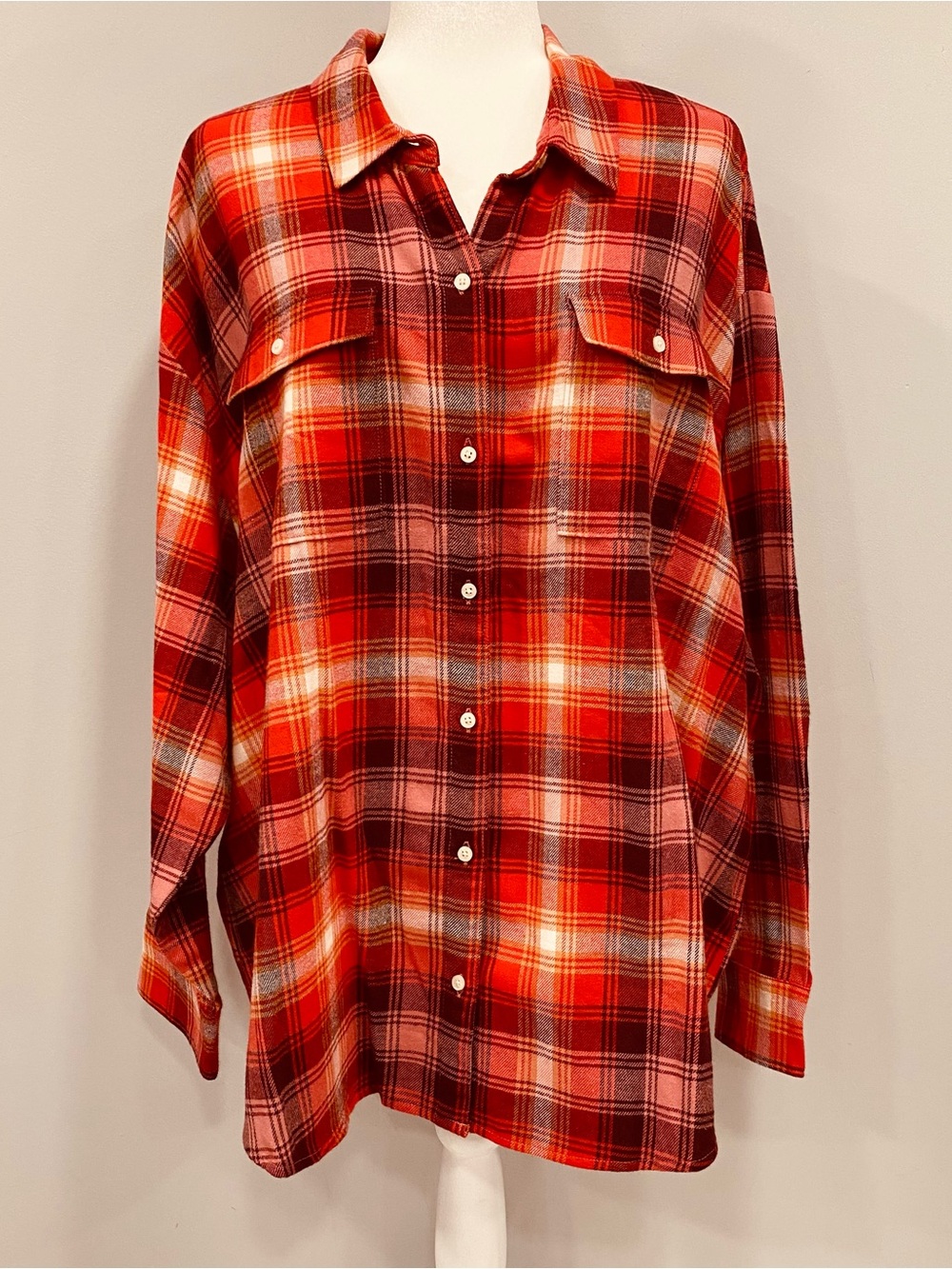 Old Navy XXL Orange Baltic Amber Flannel The Boyfriend Shirt Plaid Button Up